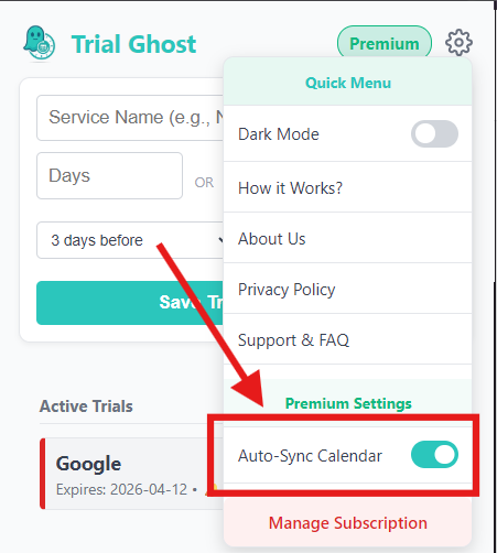 Google Calendar Sync in Trial Ghost Premium